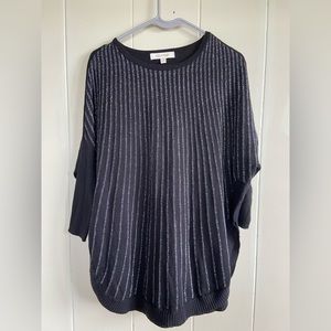 1- ELLEN TRACY Metallic Silver Striped Black PullOver SweaterTop